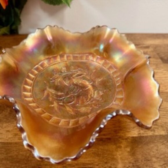 Fenton Marigold‎ Carnival Glass Ruffled Bowl Floral Pattern Iridescent Vintage - Picture 4 of 6